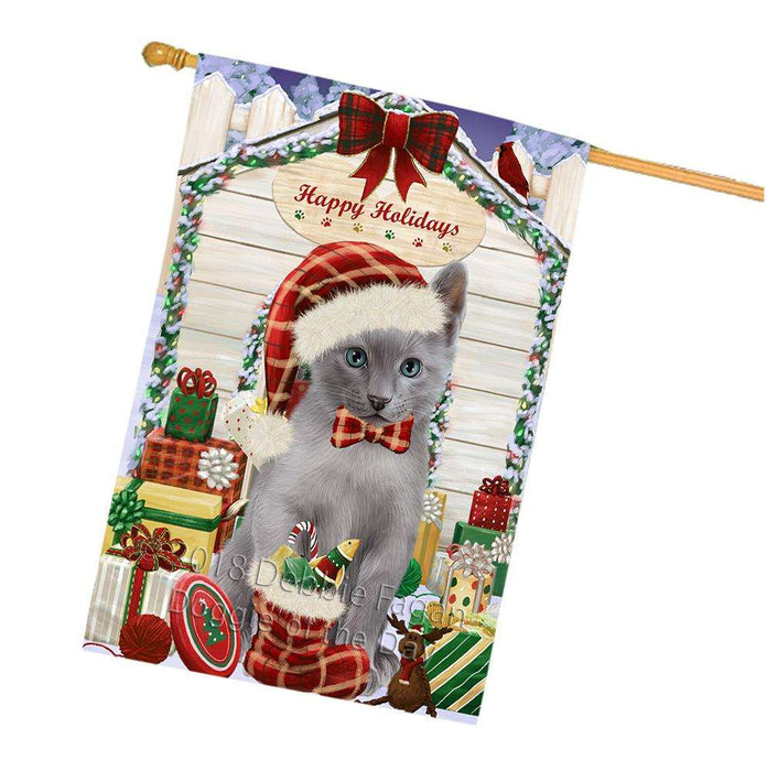 Happy Holidays Christmas Russian Blue Cat With Presents House Flag FLG52761