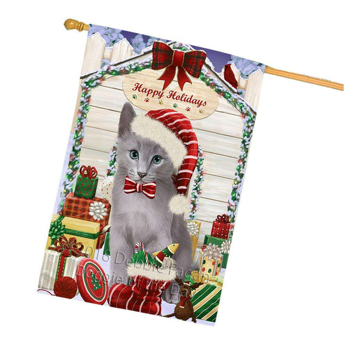 Happy Holidays Christmas Russian Blue Cat With Presents House Flag FLG52762