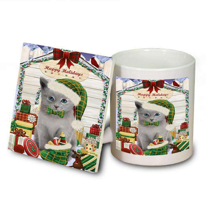 Happy Holidays Christmas Russian Blue Cat With Presents Mug and Coaster Set MUC52670