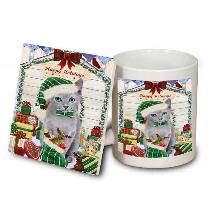 Happy Holidays Christmas Russian Blue Cat With Presents Mug and Coaster Set MUC52671