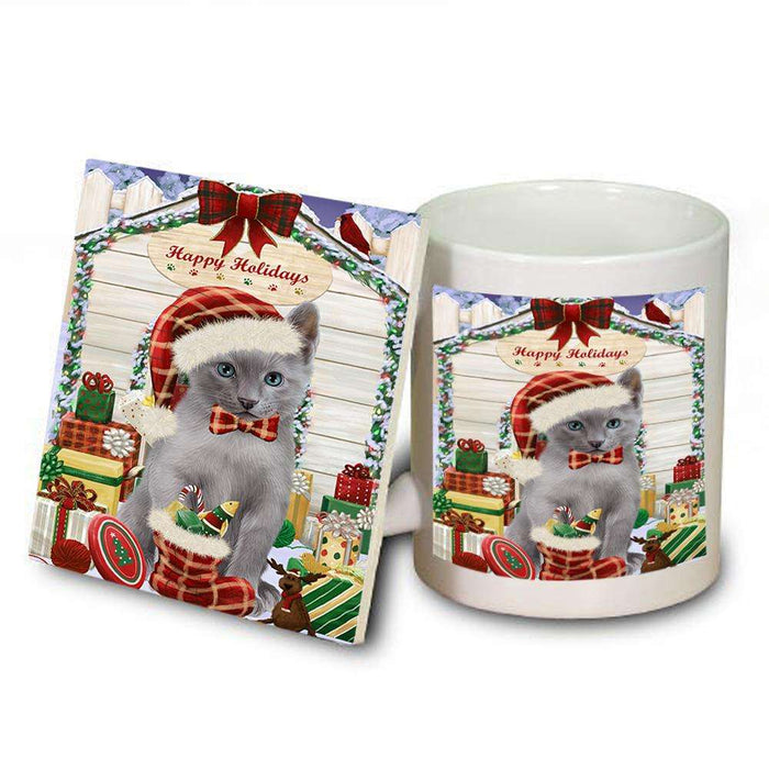 Happy Holidays Christmas Russian Blue Cat With Presents Mug and Coaster Set MUC52672