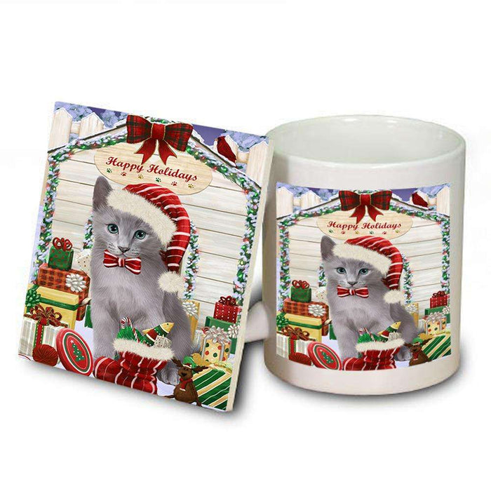 Happy Holidays Christmas Russian Blue Cat With Presents Mug and Coaster Set MUC52673