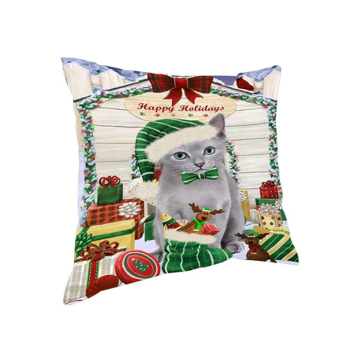 Happy Holidays Christmas Russian Blue Cat With Presents Pillow PIL66872