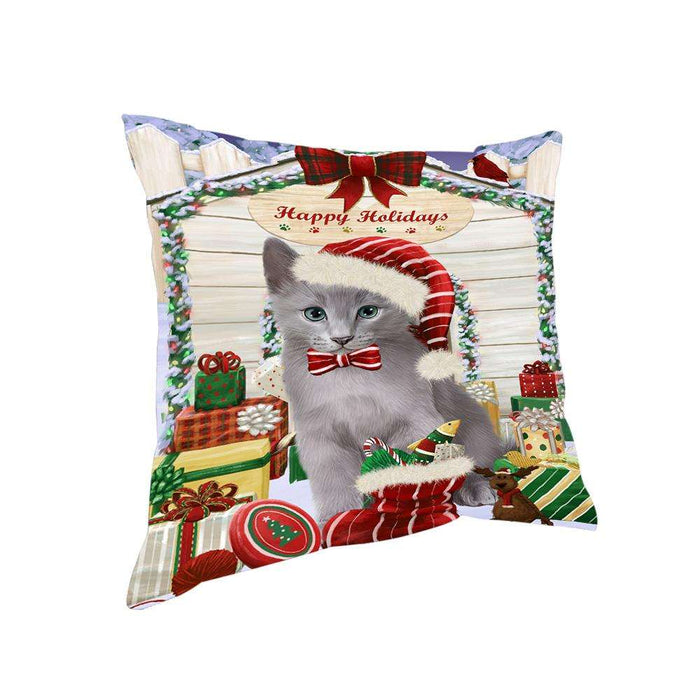 Happy Holidays Christmas Russian Blue Cat With Presents Pillow PIL66880