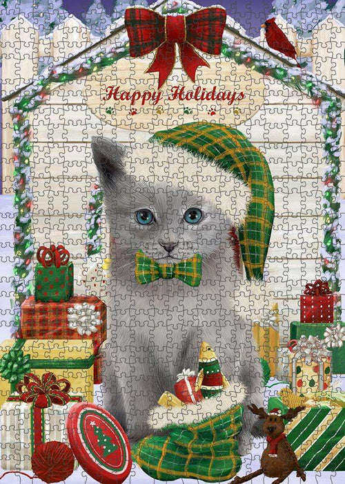 Happy Holidays Christmas Russian Blue Cat With Presents Puzzle with Photo Tin PUZL61965