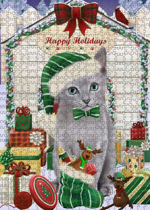Happy Holidays Christmas Russian Blue Cat With Presents Puzzle with Photo Tin PUZL61968