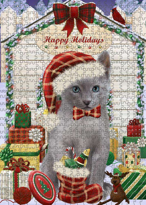Happy Holidays Christmas Russian Blue Cat With Presents Puzzle with Photo Tin PUZL61971