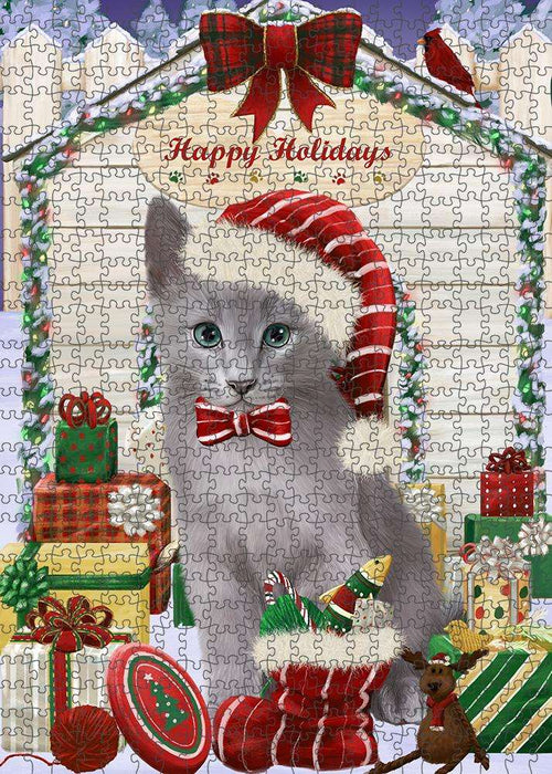 Happy Holidays Christmas Russian Blue Cat With Presents Puzzle with Photo Tin PUZL61974