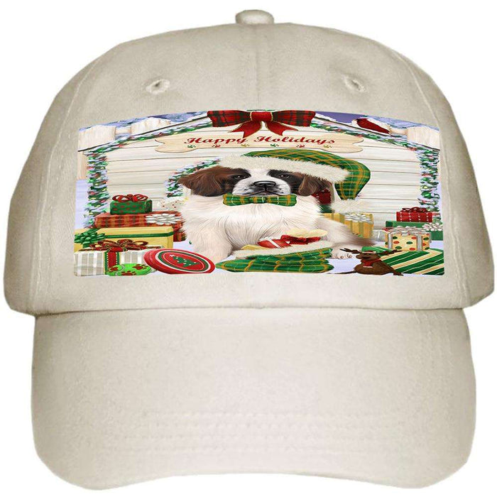 Happy Holidays Christmas Saint Bernard Dog House with Presents Ball Hat Cap HAT58197