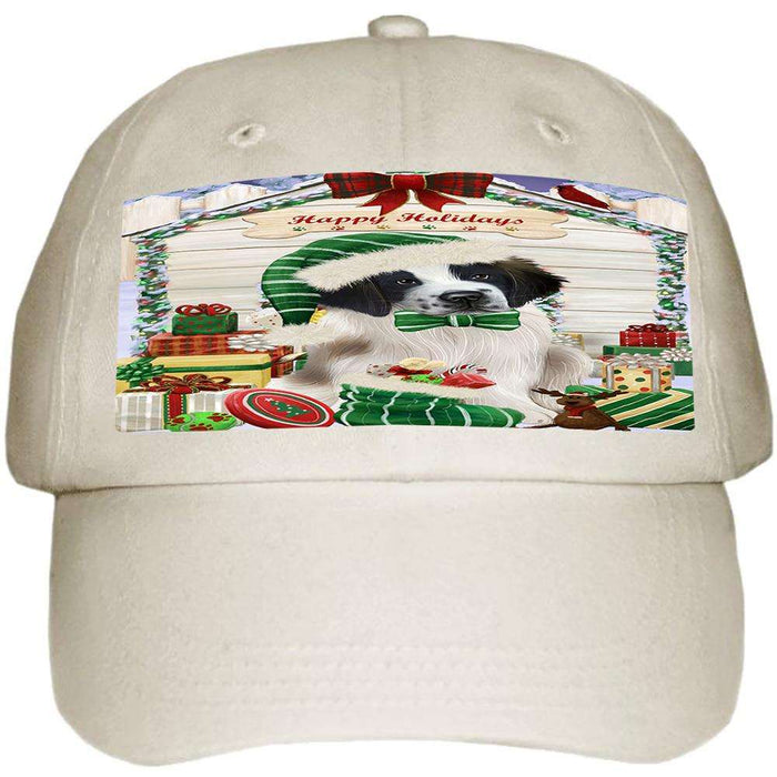 Happy Holidays Christmas Saint Bernard Dog House with Presents Ball Hat Cap HAT58200