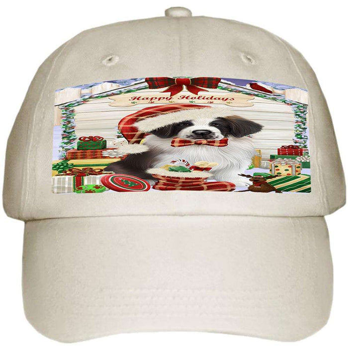 Happy Holidays Christmas Saint Bernard Dog House with Presents Ball Hat Cap HAT58203