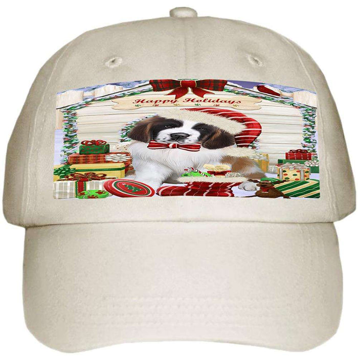 Happy Holidays Christmas Saint Bernard Dog House with Presents Ball Hat Cap HAT58206