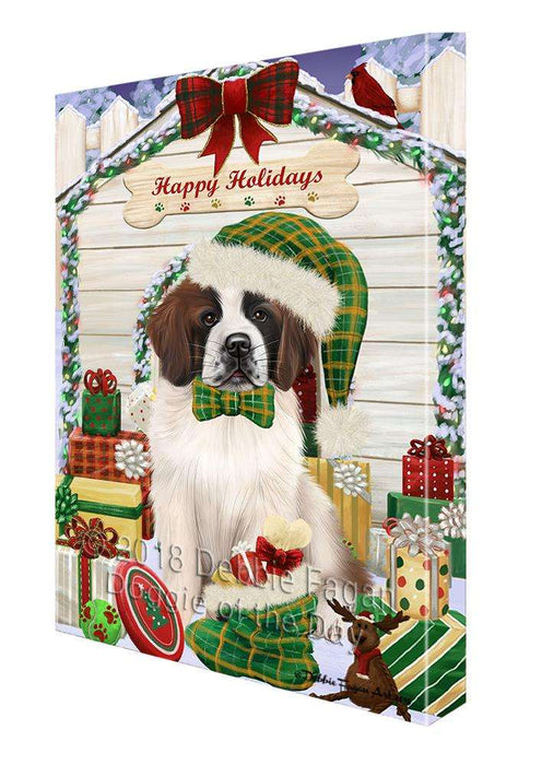 Happy Holidays Christmas Saint Bernard Dog House with Presents Canvas Print Wall Art Décor CVS80657