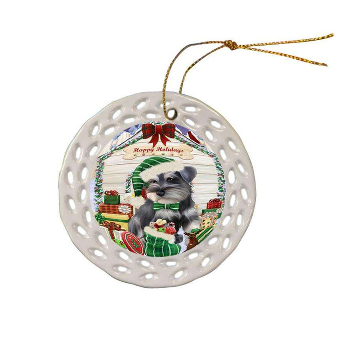 Happy Holidays Christmas Saint Bernard Dog House With Presents Ceramic Doily Ornament DPOR51485