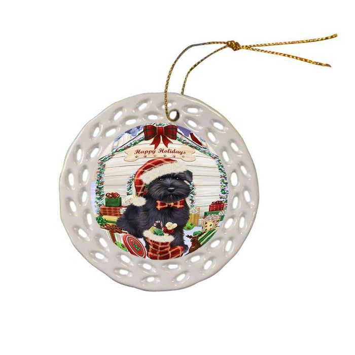 Happy Holidays Christmas Saint Bernard Dog House With Presents Ceramic Doily Ornament DPOR51486