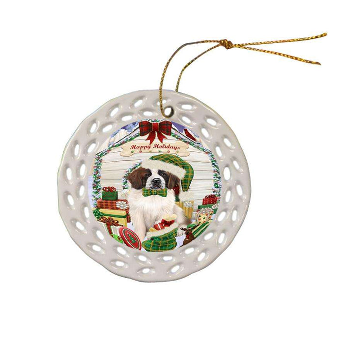 Happy Holidays Christmas Saint Bernard Dog House With Presents Ceramic Doily Ornament DPOR51488