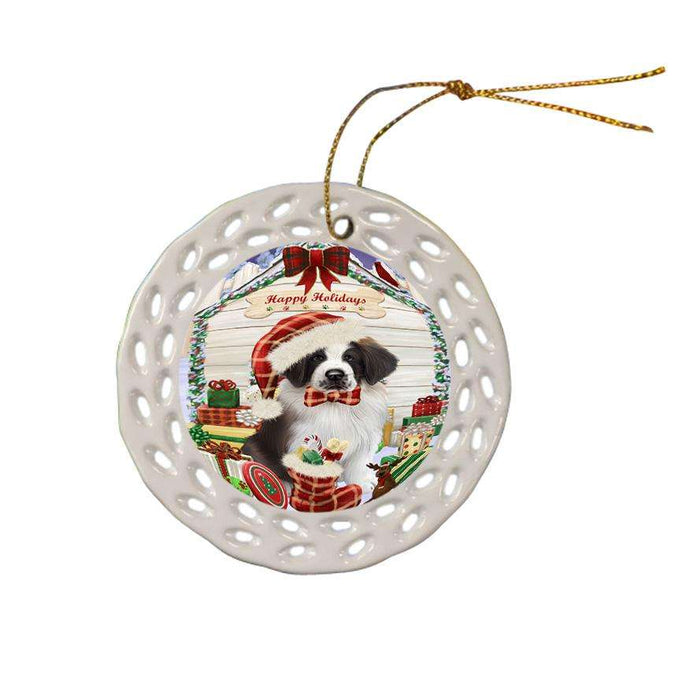 Happy Holidays Christmas Saint Bernard Dog House With Presents Ceramic Doily Ornament DPOR51490