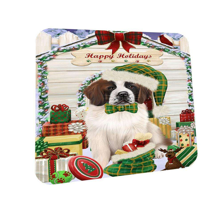 Happy Holidays Christmas Saint Bernard Dog House With Presents Coasters Set of 4 CST51447