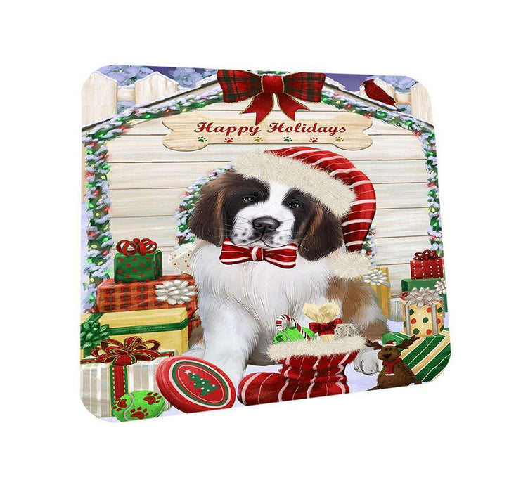 Happy Holidays Christmas Saint Bernard Dog House With Presents Coasters Set of 4 CST51450