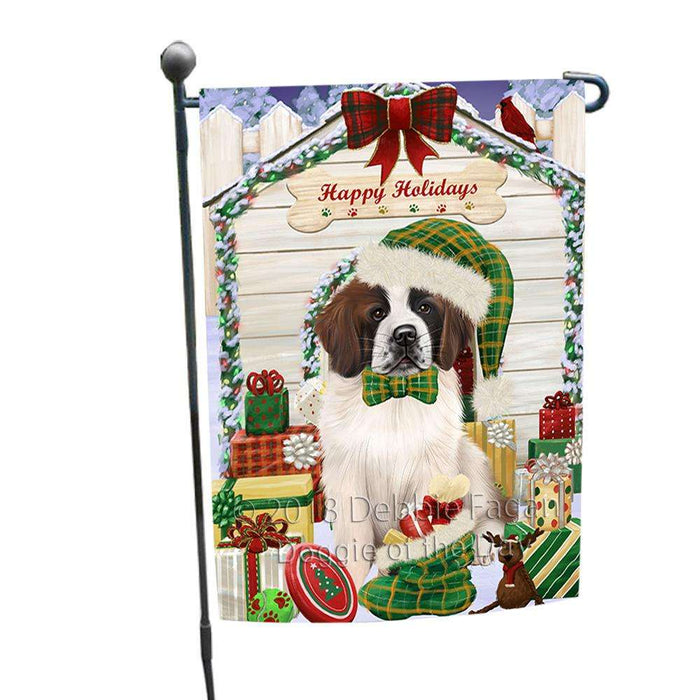 Happy Holidays Christmas Saint Bernard Dog House With Presents Garden Flag GFLG51485
