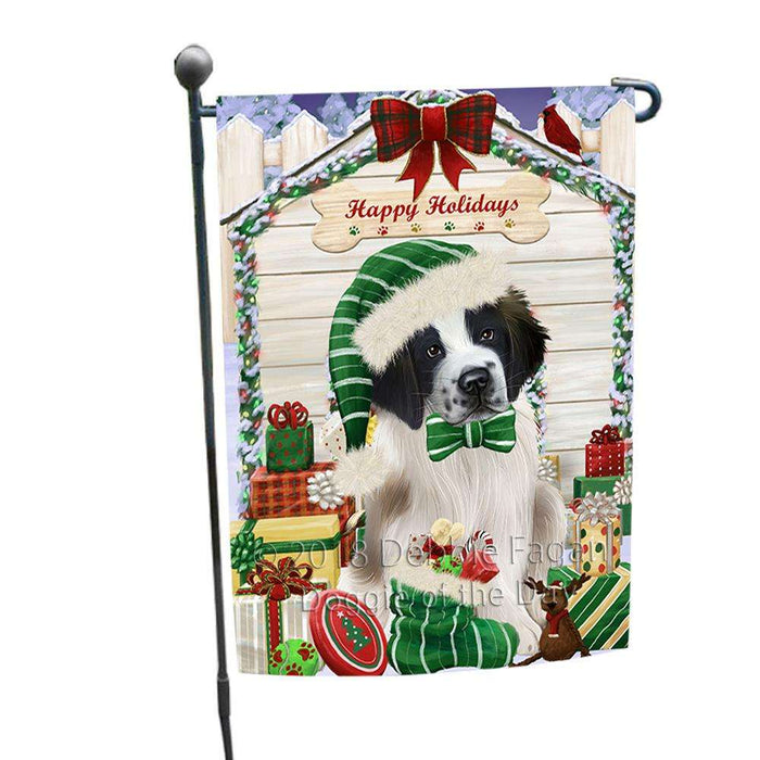 Happy Holidays Christmas Saint Bernard Dog House With Presents Garden Flag GFLG51486