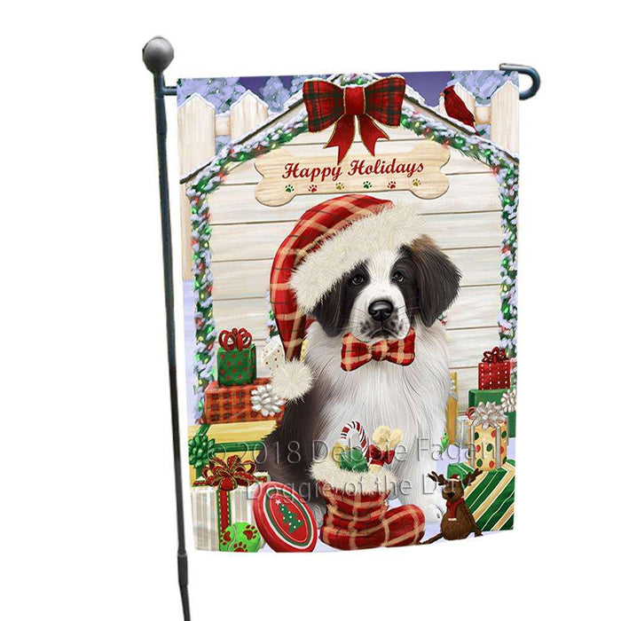 Happy Holidays Christmas Saint Bernard Dog House With Presents Garden Flag GFLG51487
