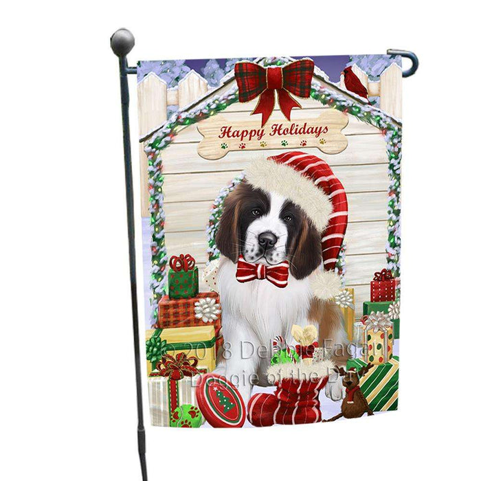 Happy Holidays Christmas Saint Bernard Dog House With Presents Garden Flag GFLG51488