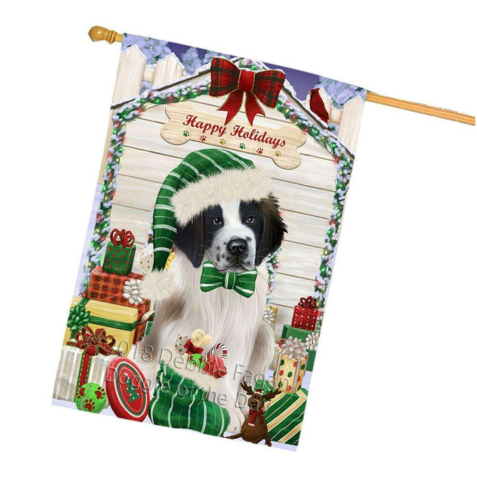 Happy Holidays Christmas Saint Bernard Dog House With Presents House Flag FLG51622