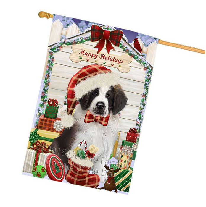 Happy Holidays Christmas Saint Bernard Dog House With Presents House Flag FLG51623
