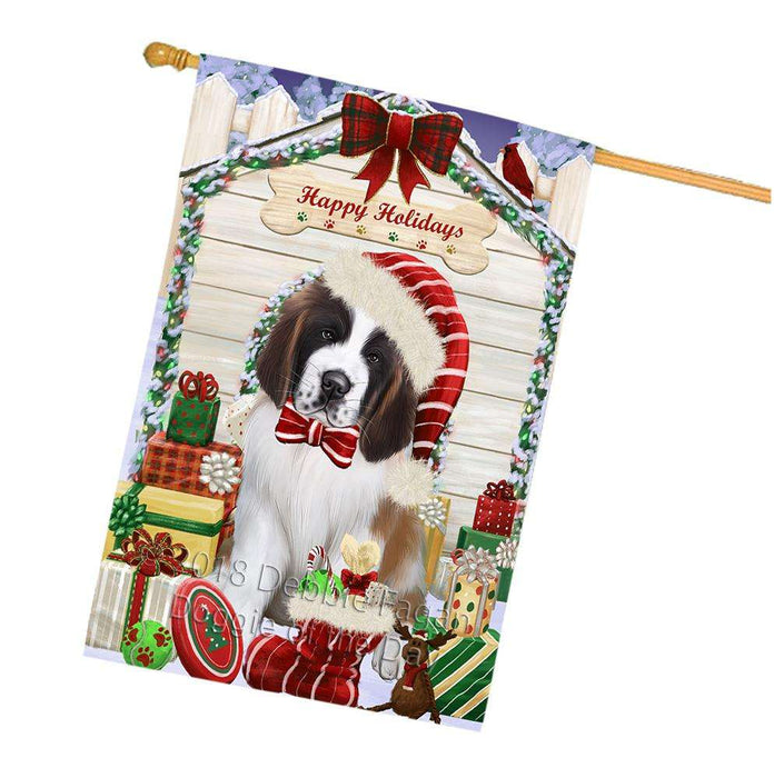 Happy Holidays Christmas Saint Bernard Dog House With Presents House Flag FLG51624