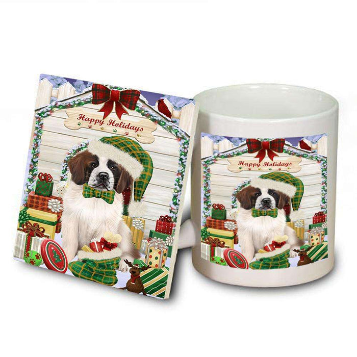 Happy Holidays Christmas Saint Bernard Dog House With Presents Mug and Coaster Set MUC51480