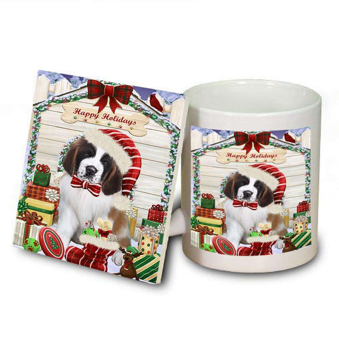 Happy Holidays Christmas Saint Bernard Dog House With Presents Mug and Coaster Set MUC51483