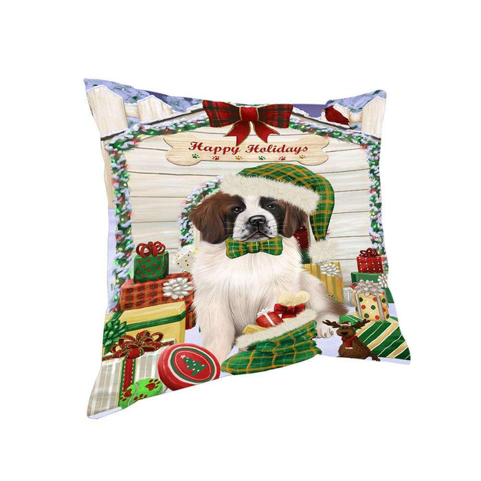 Happy Holidays Christmas Saint Bernard Dog House with Presents Pillow PIL62316