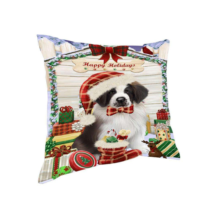 Happy Holidays Christmas Saint Bernard Dog House with Presents Pillow PIL62324
