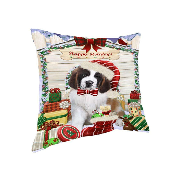 Happy Holidays Christmas Saint Bernard Dog House with Presents Pillow PIL62328