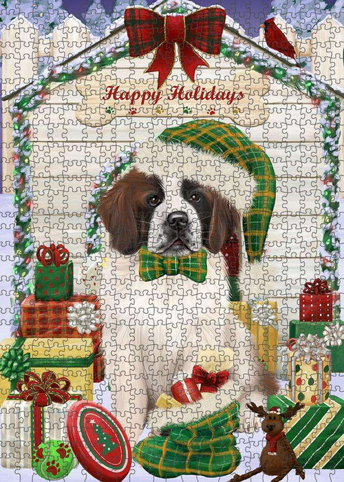 Happy Holidays Christmas Saint Bernard Dog House with Presents Puzzle with Photo Tin PUZL58551