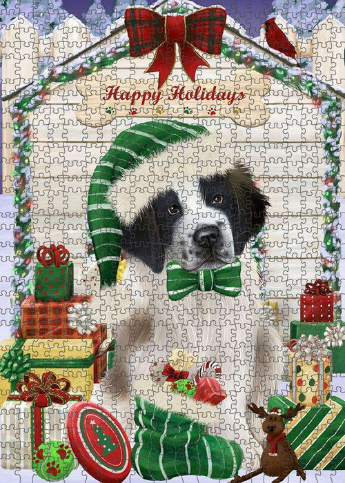 Happy Holidays Christmas Saint Bernard Dog House with Presents Puzzle with Photo Tin PUZL58554