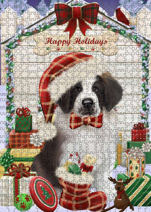 Happy Holidays Christmas Saint Bernard Dog House with Presents Puzzle with Photo Tin PUZL58557