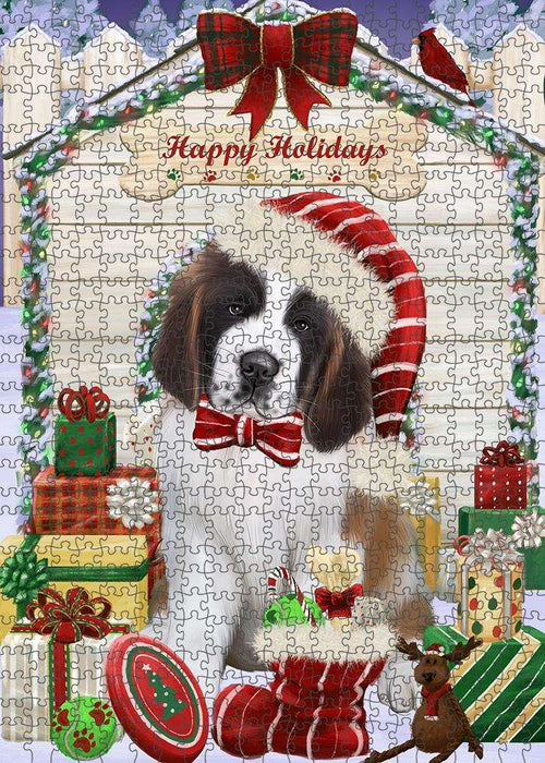 Happy Holidays Christmas Saint Bernard Dog House with Presents Puzzle with Photo Tin PUZL58560