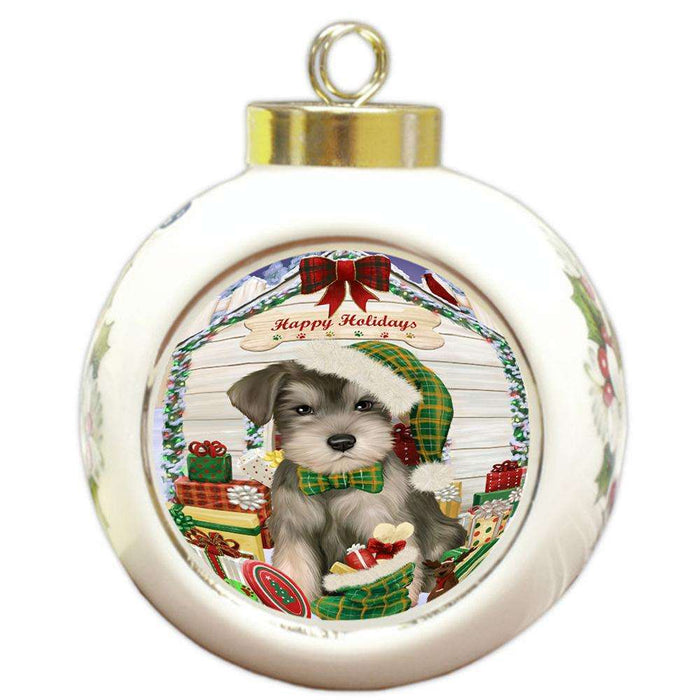Happy Holidays Christmas Saint Bernard Dog House With Presents Round Ball Christmas Ornament RBPOR51484