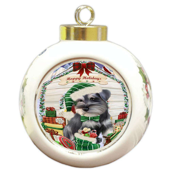 Happy Holidays Christmas Saint Bernard Dog House With Presents Round Ball Christmas Ornament RBPOR51485