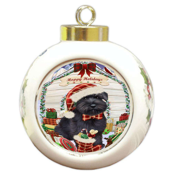 Happy Holidays Christmas Saint Bernard Dog House With Presents Round Ball Christmas Ornament RBPOR51486