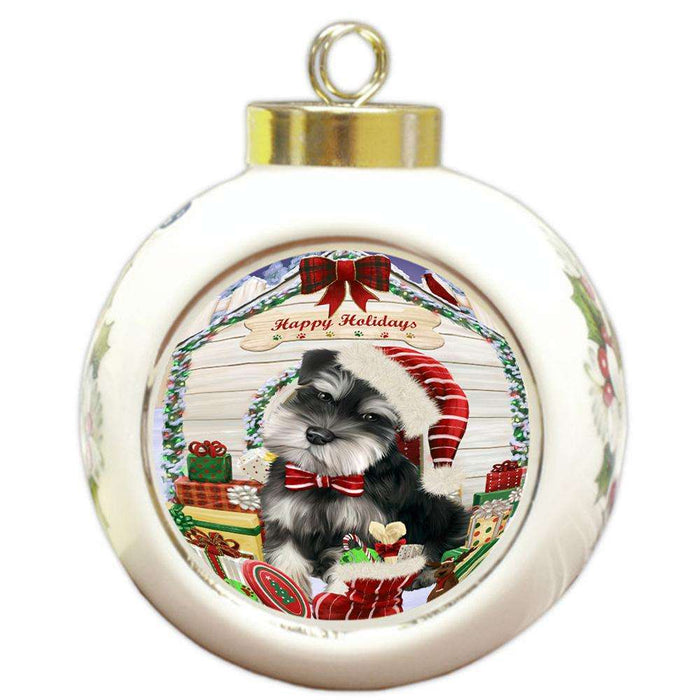 Happy Holidays Christmas Saint Bernard Dog House With Presents Round Ball Christmas Ornament RBPOR51487
