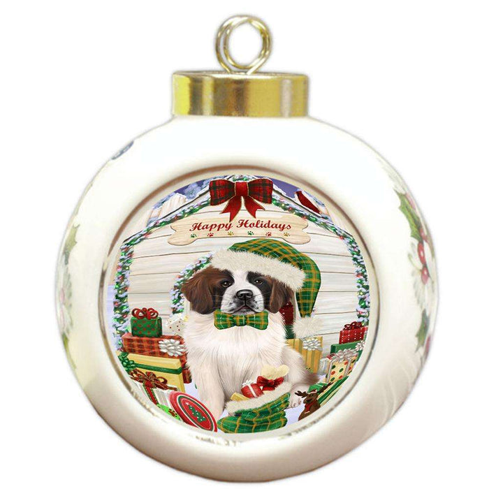 Happy Holidays Christmas Saint Bernard Dog House With Presents Round Ball Christmas Ornament RBPOR51488