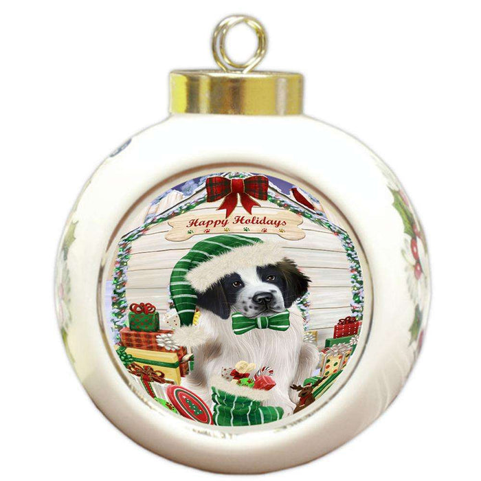 Happy Holidays Christmas Saint Bernard Dog House With Presents Round Ball Christmas Ornament RBPOR51489