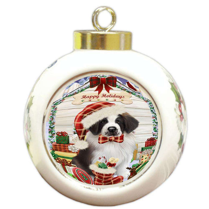 Happy Holidays Christmas Saint Bernard Dog House With Presents Round Ball Christmas Ornament RBPOR51490