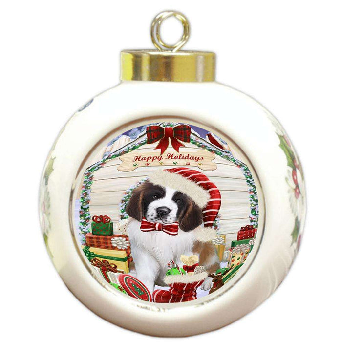 Happy Holidays Christmas Saint Bernard Dog House With Presents Round Ball Christmas Ornament RBPOR51491