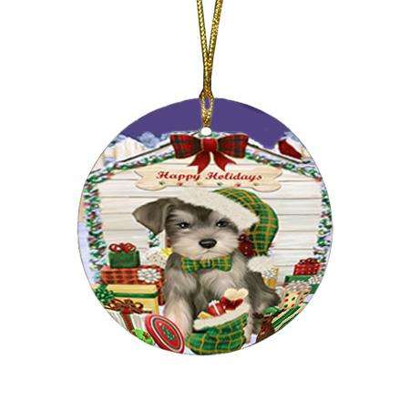 Happy Holidays Christmas Saint Bernard Dog House With Presents Round Flat Christmas Ornament RFPOR51475