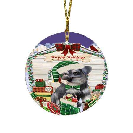 Happy Holidays Christmas Saint Bernard Dog House With Presents Round Flat Christmas Ornament RFPOR51476