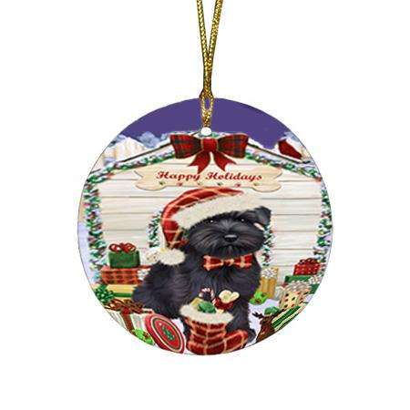 Happy Holidays Christmas Saint Bernard Dog House With Presents Round Flat Christmas Ornament RFPOR51477